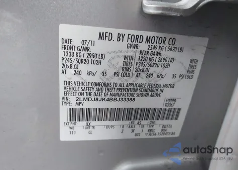 2011 Lincoln Mkx z USA, uszkodzony, nr VIN 2LMDJ8JK4BBJ33388